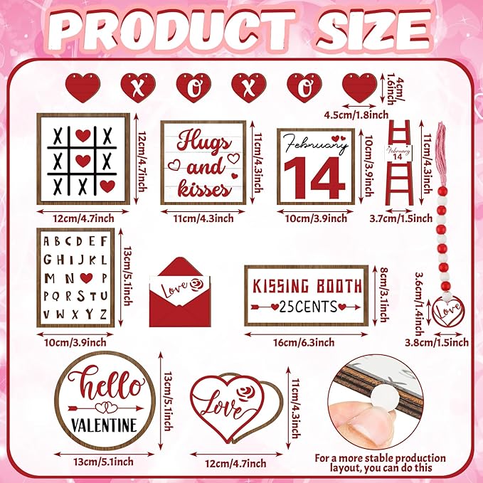 16 Pcs Valentine's Day Tiered Tray Decorations Set Valentine Heart Wood Sign Farmhouse Romantic Sweet Table Decor Love Theme Centerpieces for Kitchen Home Decor Wedding Party Gift