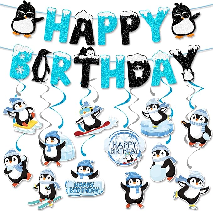 Zwiebeco Black Blue White Penguin Happy Birthday Banner Bunting Hanging Paper Swirls Garland Party Decorations for Baby Shower Winter Themed Boys Girls Bday Decor Accessories Supplies