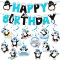 Zwiebeco Black Blue White Penguin Happy Birthday Banner Bunting Hanging Paper Swirls Garland Party Decorations for Baby Shower Winter Themed Boys Girls Bday Decor Accessories Supplies