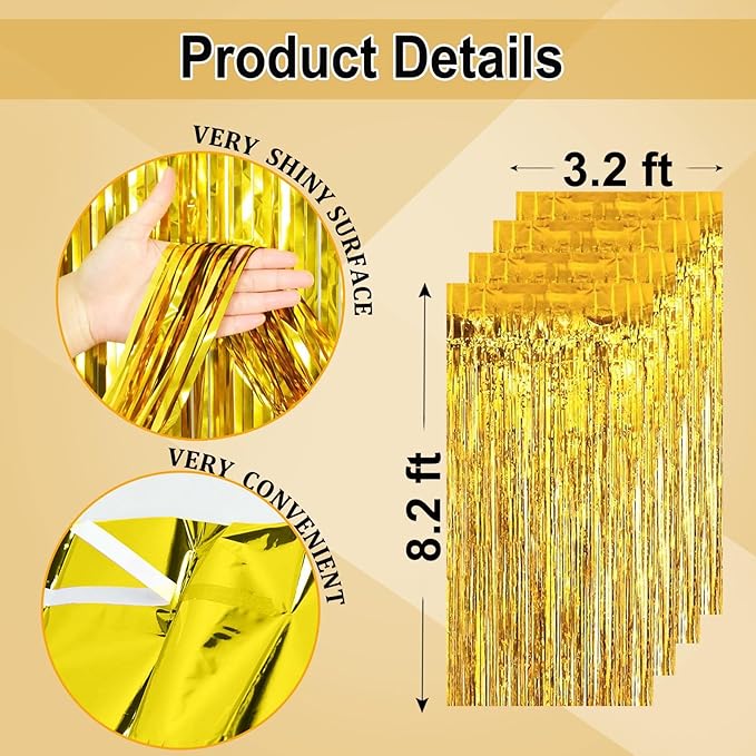 Gold Streamers Backdrop Curtains - 4 Pack of 3.2x8.2ft Gold Foil Fringe Curtain for Birthday Party Decorations