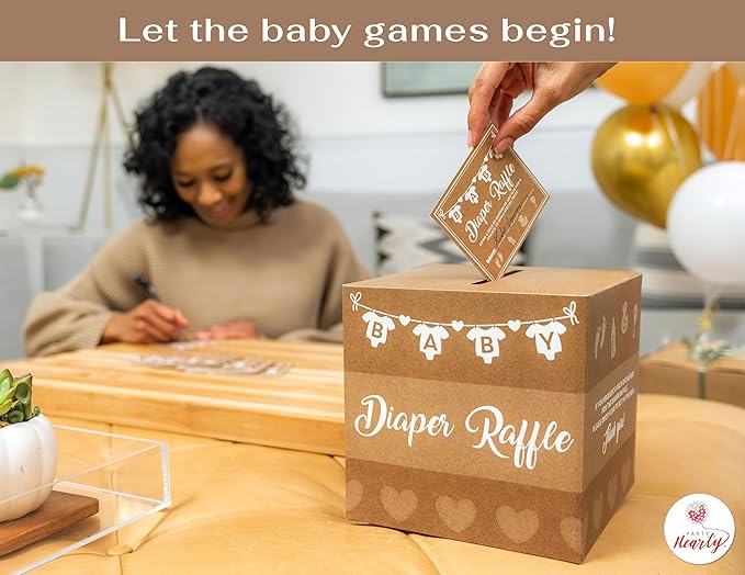 Party Hearty Baby Shower Games for Girl or Boy, 50 Diaper Raffle Tickets, Diaper Raffle Ticket Cards Box, Baby Shower Decorations, Raffle Prizes, Ideas