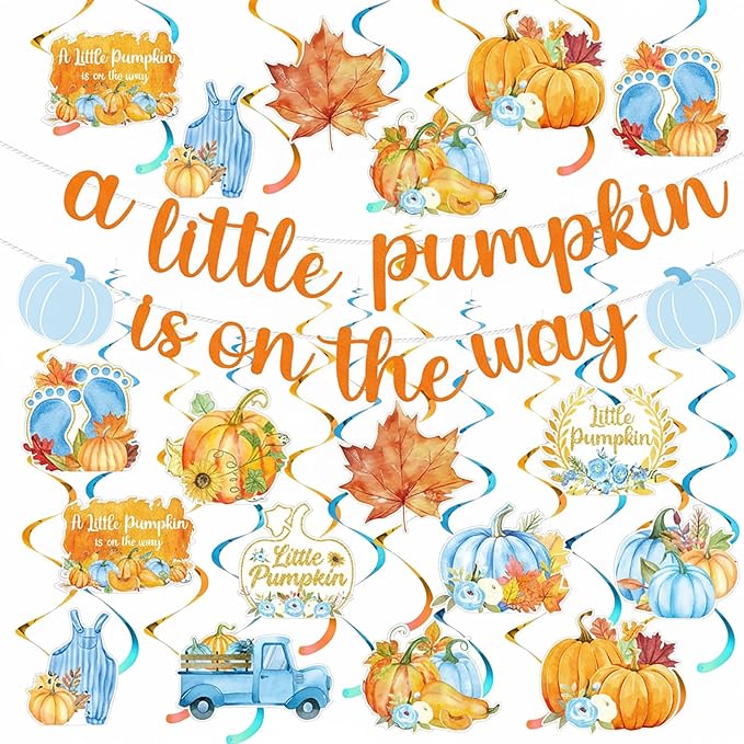 26 Pcs Little Pumpkin Baby Shower Banner Sign with 12 Hanging Swirls A Little Pumpkin Is on the Way Banner Fall Blue Hanging Decorations for Gender Reveal Theme Party Supplies