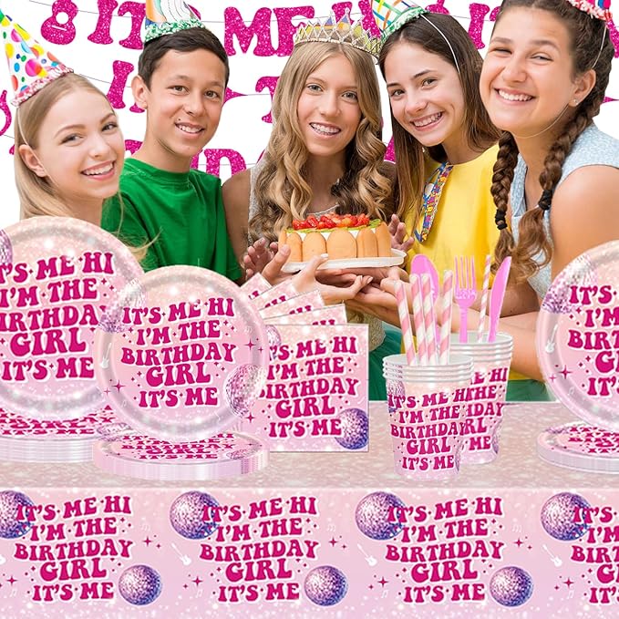 194 Pcs Its Me Hi Im The Birthday Girl Its Me Party Supplies Serve 24, Includes Plates, Cutlery, Tablecloth & Banner for Music Birthday Theme Decorations