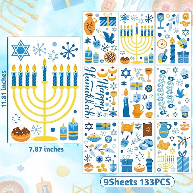 152PCS Hanukkah Window Clings, Happy Hanukkah Party Decorations, Blue Gold Menorah Star Window Decals Party Stickers for Home Class Jewish Decorations Supplies Accessories
