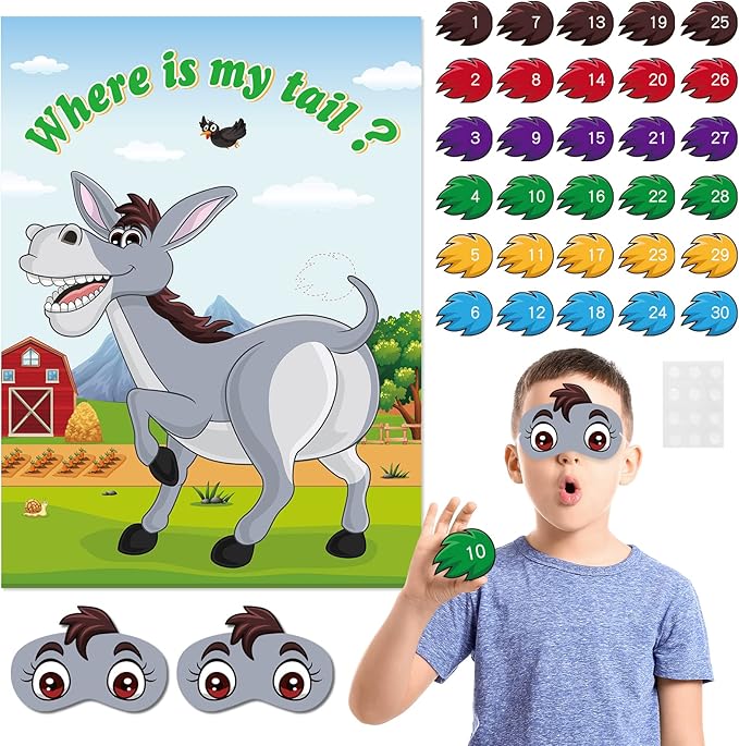 NEBURORA Pin The Tail on The Donkey, Party Game with 30 Pcs Tails for Kids Birthday Party Carnival Circus Christmas Party Supplies