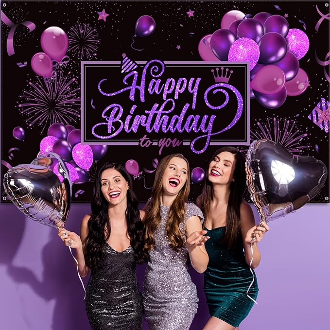 Blulu Happy Birthday Backdrop Banner Sign Poster Large Fabric Glitter Balloon Fireworks Sign Photo Backdrop Background for Birthday Party Decoration Supplies, 72.8 x 43.3in(Black and Purple)