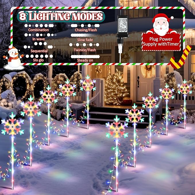 10 Pcs Christmas Snowflake Pathway Stake Lights for Outdoor Yard, 370 Bright LEDs Waterproof Large Christmas Snowflake Light Decoration for Garden Lawn Driveway Walkway Decor(Colorful)