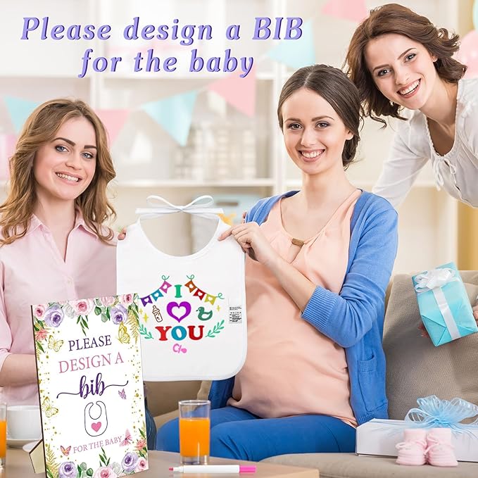 50 Pcs Baby Shower Game White Bib Kit Include 1 Wooden Baby Shower Game Sign 25 DIY Blank White Bibs 24 Colorful Markers(Butterfly)