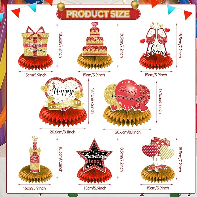 8Pcs Happy Wedding Anniversary Decorations Red Gold Anniversary Table Honeycomb Centerpiece Anniversary Table Toppers Party Supplies for Adult 10th 20th 30th 40th 50th 60th Anniversary Table Decor