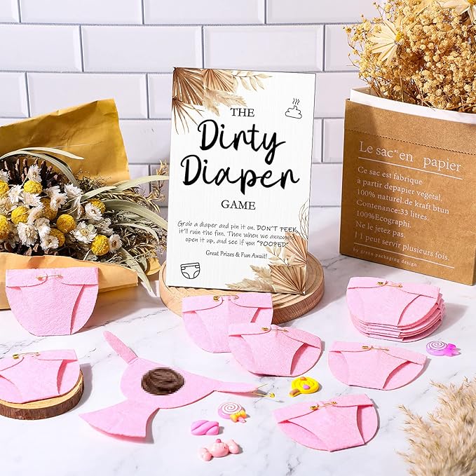Roowest 51 Pcs Dirty Diaper Baby Shower Games Funny Wooden Sign with 50 Pcs Mini Diapers Cute Felt for Gender Reveal Party Baby Shower(Boho Pink)