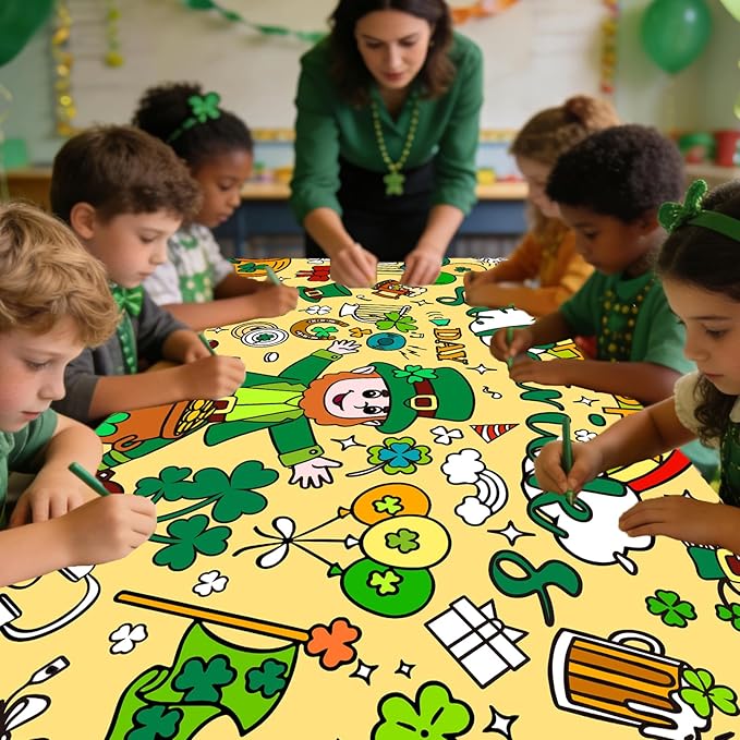 St Patricks Day Giant Coloring Poster for Kids,30x72Inch St Patricks Day Crafts Drawing Paper Coloring Tablecloth DIY Art Crafts Mat for Kids Party Clover Themed Activity Home Classroom Party Suppiles