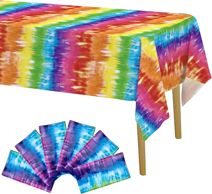 Iceyyyy 6 Pcs Tie Dye Tablecover - 54" x 108" Tie Dye Theme Rainbow Table Cloth Colorful Tablecover for Tie Dyes Themed Party Decorations