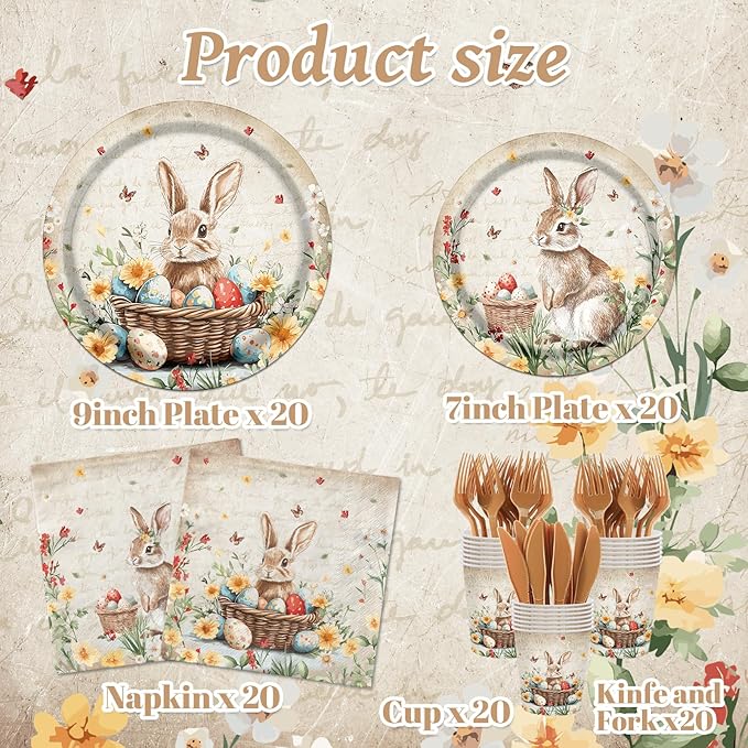 Easter Party Supplies,120Pcs Vintage Easter Paper Plates,Napkins,Knives,Forks Spring Easter Bunny Egg Flower Party Tableware for Easter Holiday Party,Happy Easter Decoration