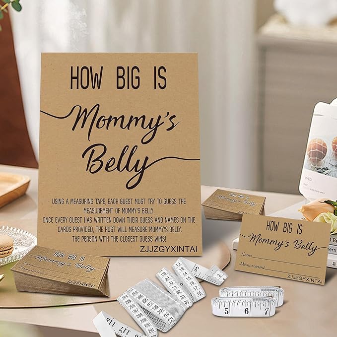 How Big is Mommy's Belly? Rustic Baby Shower Gender Neutral Game Includes 8x10 Inch Kraft Standing Sign and 50 Guessing Cards, 3 Rolls 10 Feet Measuring Tape