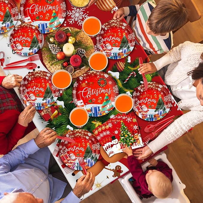 Christmas Party Decorations Xmas Party Supplies Serves for 25-Balloon, Banner, tablecloth, Backdrop, Disposable Paper Plate, Cup, Napkins, Knife, Fork, Spoon