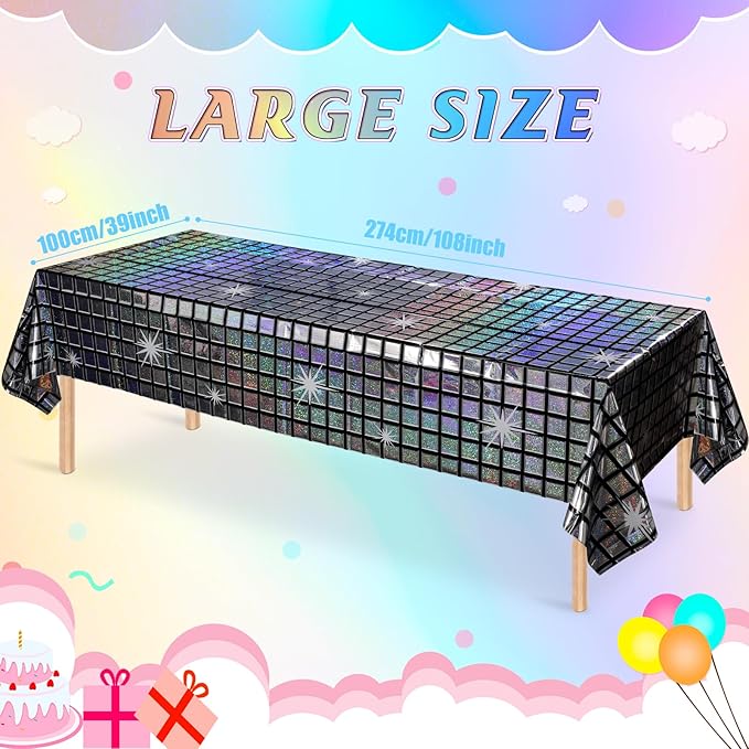 FunnyPars 1 Pack Disco Tablecloth Party Decorations, Shiny Iridescent Disposable Laser Rectangle Table Covers, Silver Plastic Table Cloth for 70s Disco Birthday Theme Party Decorations, 39 x 108Inch