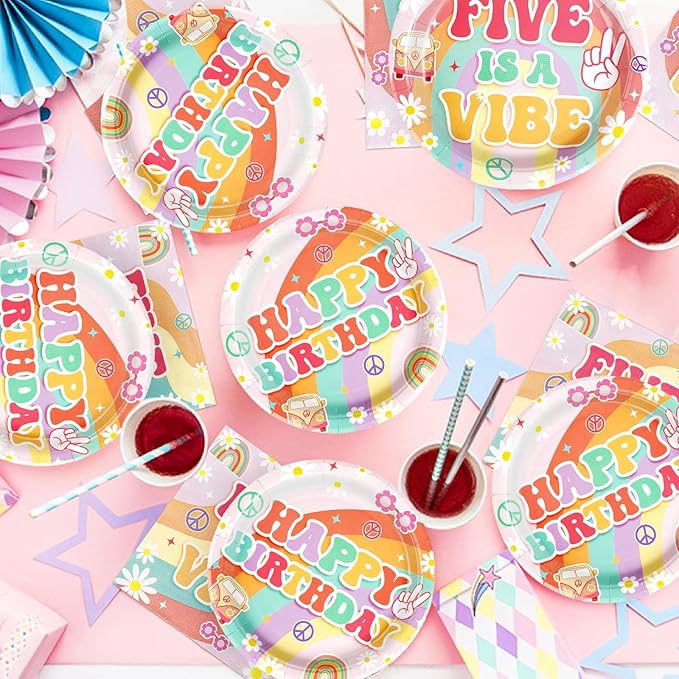 96Pcs Five is a Vibe Birthday Party Decorations Boho Groovy 5th Birthday Plates and Napkins Tableware Sets Rainbow Arch Retro Hippie Party Supplies for Girls 5 Years Old Party Serves 24