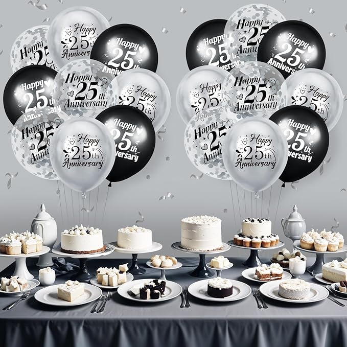 25th Anniversary Balloons 18Pcs Black Silver Party Decorations for Women Men - 12Inch Happy Confetti Latex Balloons for Indoor Outdoor Party Supplies