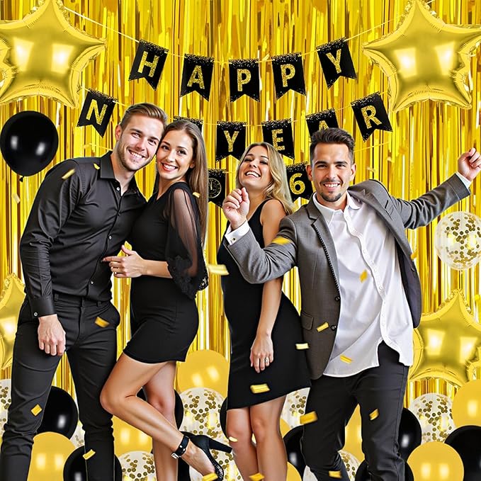 New Years Eve Party Supplies 2026, 2026 Happy New Year Banner Gold Fringe Curtains Black Gold Balloons for Happy New Year Decorations 2026 NYE Party Supplies