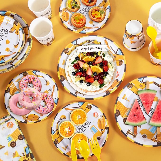 Construction Birthday Decorations, 170 Pcs Construction Birthday Party Supplies Including Banner, Plates, Cups, Napkins, Cutlery and Tablecloths, Serves 24