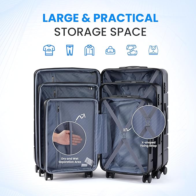 Simple Deluxe 20/24/28 Inch Expandable Hardside Carry On with Spinner Wheels & TSA Lock, ABS Hard Shell Lightweight Rolling Luggage Suitcase, Black