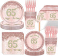 121Pcs 65th Birthday Party Supplies Plates Napkins Cups Forks Tablecloth Rose Gold Happy 65th Birthday Themed Disposable Tableware Decorations Serves 24 Guests for Women Ladies 65 Years Old Birthday