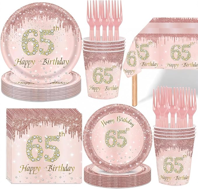 121Pcs 65th Birthday Party Supplies Plates Napkins Cups Forks Tablecloth Rose Gold Happy 65th Birthday Themed Disposable Tableware Decorations Serves 24 Guests for Women Ladies 65 Years Old Birthday