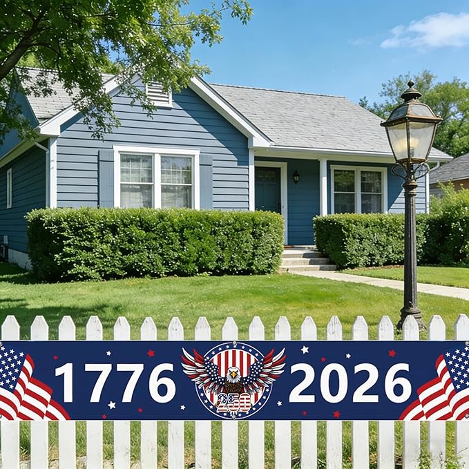 250 Year Anniversary USA Banner Flag 2x10 Ft, 4th of July Decorations 1776-2026 Freedom 250 Years Birthday Patriotic Party Supplies Decorations for Outdoor, Indoor,Garden, Porch (BLUE B)