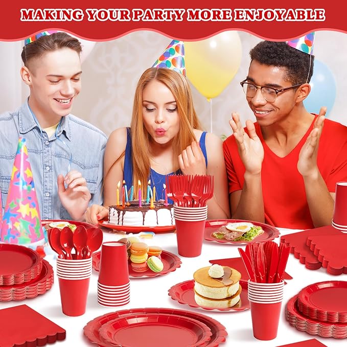 Vyntra 175 Pcs Red Disposable Paper Plates and Napkins Set for 25, 9" Dinner Plates & 7" Dessert Plates, Tableware for Christmas, Valentine’s Day, Birthday, Party