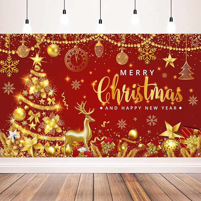 Red Gold Christmas Backdrop - Merry Christmas Banner for Xmas New Years Eve Party Decorations, 71x43inch