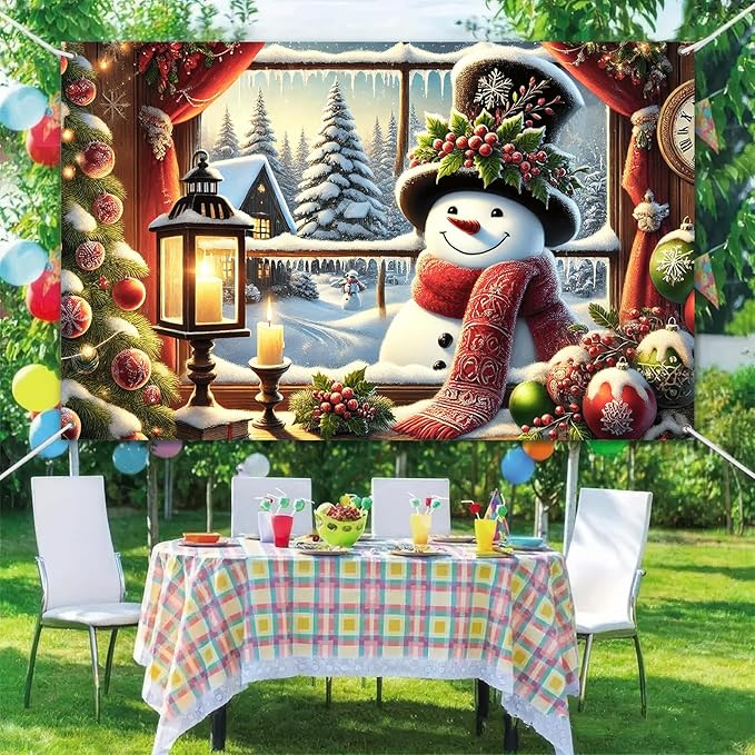Christmas Snowman Banner Backdrop Poster Winter Scene with Snowman Holiday Photo Booth Wall Hanging Decoration 71×43 Inch