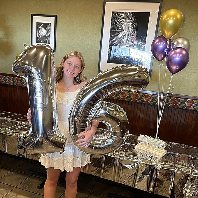 Silver 1 Balloon Number, 40 Inch Giant Helium Foil Number 0-9 for Boys Girls, Self Inflating 1st Birthday Balloon for Women Men 10th Anniversary Baby Shower New Year Wedding Party Decorations Supplies