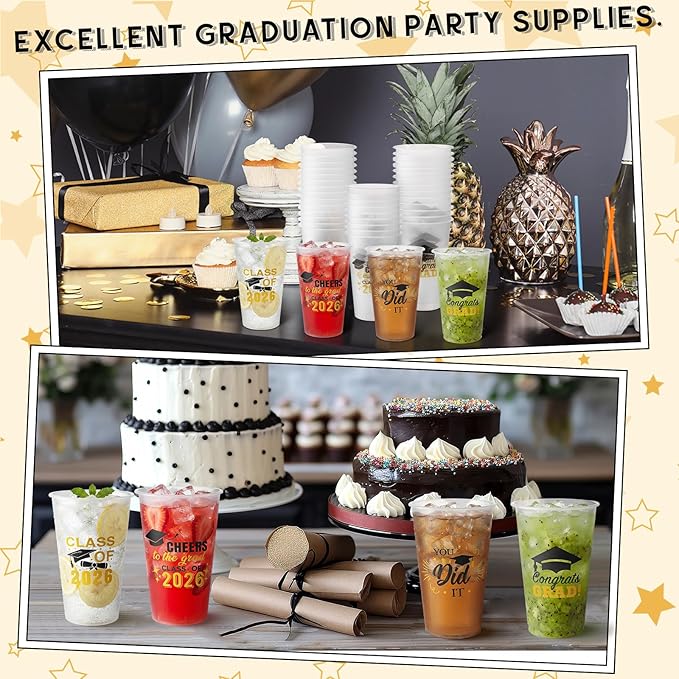 Yungyan 100 Pcs Frosted Graduation Cups 2026 Frosted Plastic Cups 16 oz Disposable Graduation Party Favors Congrats Grad Tableware Decoration for School Supplies