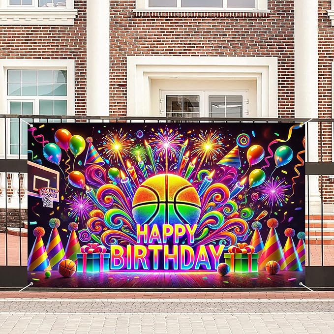 Nuxovilar Happy Birthday Banner Neon Basketball - Sports Party Backdrop, 71x43 Inch Glow Yard Sign for Boys Game Night Decor