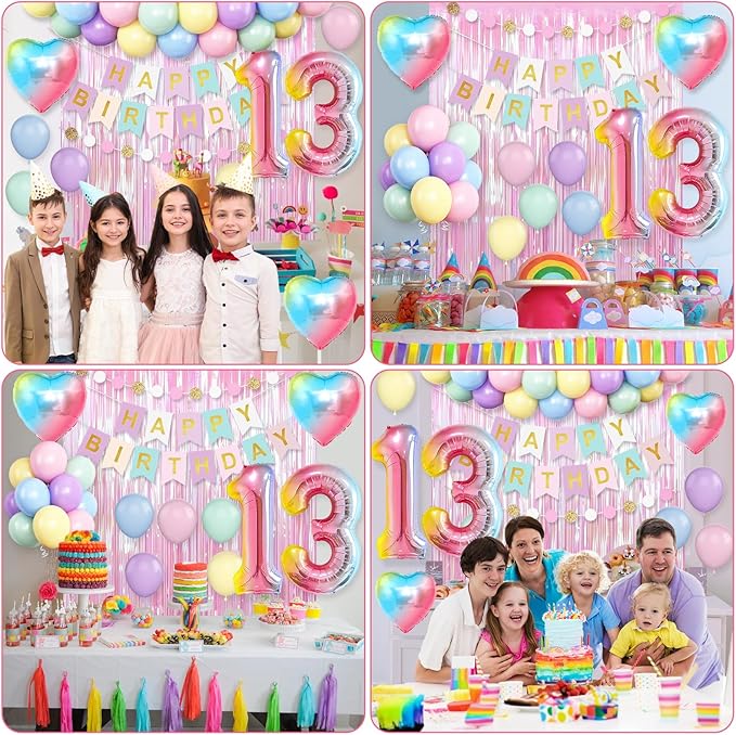 13th Birthday Decorations Rainbow,Gradient Number 13 Balloon,Pastel Happy Birthday Banner Fringe Curtain Heart Foil Balloons Boys Girls 13 Year Old Decor