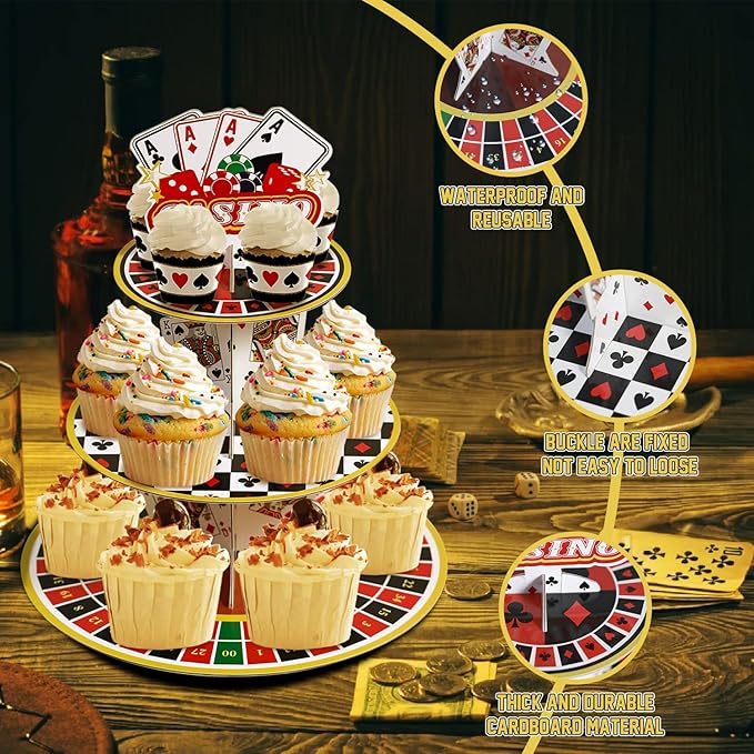 Casino Cupcake Stand 3 Tier for 24 Cupcakes Poker Dice Theme Cardboard Cake Dessert Holder Tower for Las Vegas Night Party Decoration Casino Decorations Adult Birthday Casino Themed Party Supplies