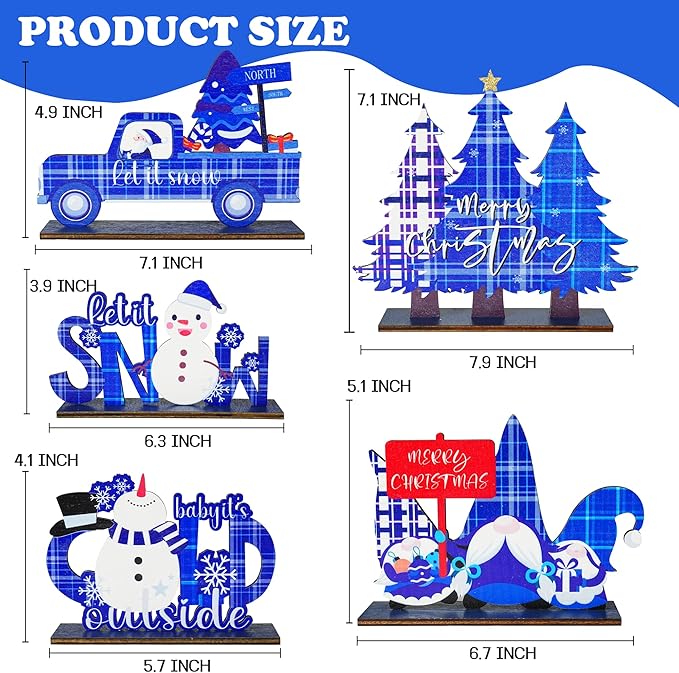 NEROSUN 5 PCS Christmas Table Centerpiece Decorations, Wooden Xmas Snowman Santa Claus Gnome Table Decorations Signs, Merry Christmas Table Toppers for Holiday Home Party Indoor Decor (Blue)