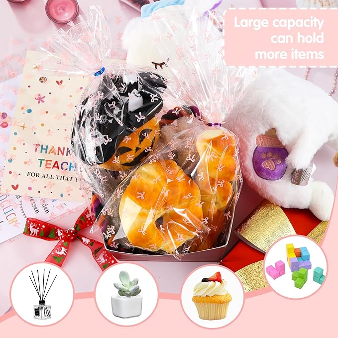 SOMIOCO Pink Bow Cello Cellophane Treat Bags Party Favor Bags Clear 50 PCS 11X14 In Pink Candy Bags Bow Gift Goodie Bags with Twist Tie for Birthday Party,Baby shower,Wedding,Valentines