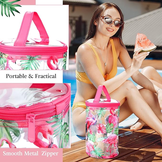 Sanwuta Beach Gifts Heavy Duty Clear Lotion Toiletry Bags for Travel Sunscreen Makeup Cosmetic Pouch Cylinder Bag Waterproof Portable Trip Bag with Handle Zipper(Flamingo)