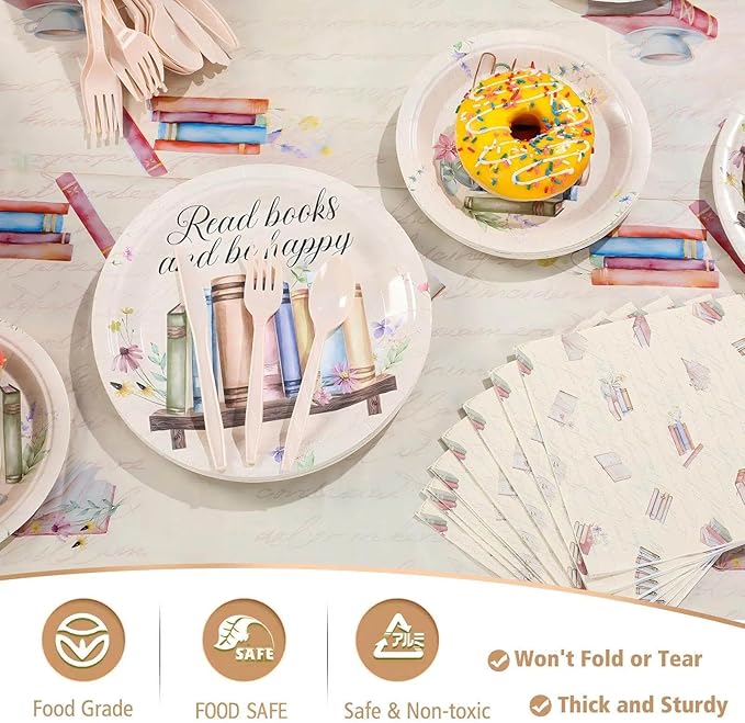 Zhehao 172 Pcs Book Themed Birthday Decorations 24 Set Book Birthday Party Tableware Included Disposable Tablecloths Plates Cups Napkins Banners Cutlery for Library Reading Storybook Party Decor