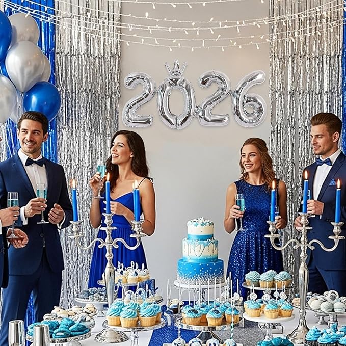 TONIFUL 2026 Silver Crown Foil Number Balloons 16 Inch Silver Number Banner 2026 Graduation Aluminum Foil Mylar Balloons for New Year Eve Christmas Anniversary Party Supplies