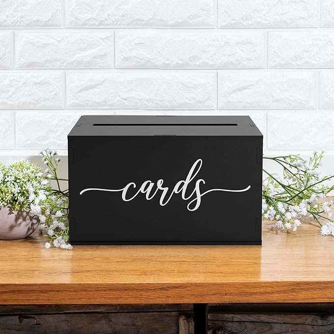 Heather & Willow Rustic Wooden Card Box with Lid | Wedding & Baby Shower Decoration - Black