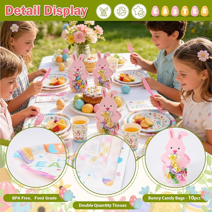 Mostop 80 Pcs Easter Tableware Set Party Supplies for 10 Guests Disposable Paper Plates, Cups, Napkins Forks Set Decorations for Easter Party Spring Holiday Picnics