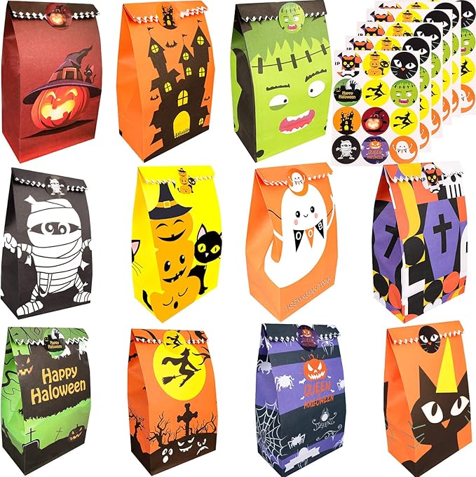 PQZYJJ 62 Pack Halloween Treat Bags With 72pcs Stickers - Trick or Treat Goodie Gift Bags for Kids Party Favor