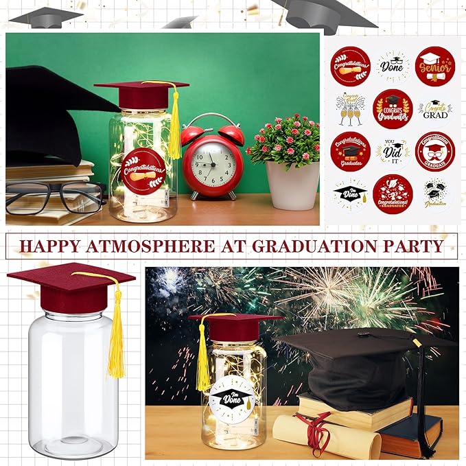 Boao 16 Sets Graduation Table Decoration Set with LED Light up Graduation Decorations for Class of 2026, Grad Jar, Felt Grad Hat and Stickers for High School College(Dark Red,Vivid)