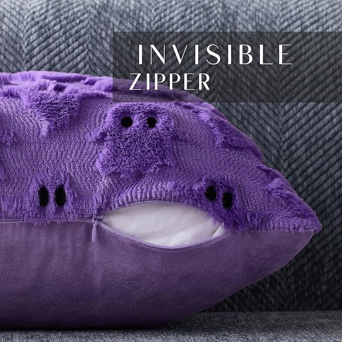 DFXSZ Halloween Pillow Covers 12x20 inch Set of 2 Purple Ghost Throw Pillow Cases Soft Plush Faux Fur Wool Couch Cushion Case for Chair Sofa Bedroom Living Room Home Decor PTK03E12