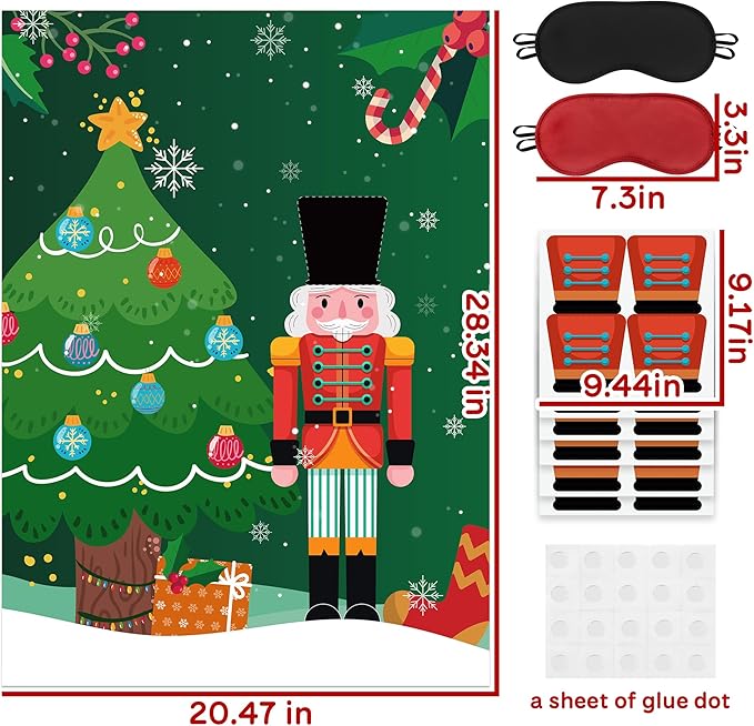 Christmas Pin The Hat On The Nutcracker Game Poster with 24 Pcs Stickers Blindfolds Fun Xmas Winter Holiday New Year Birthday Activities Party Favors Decorations Supplies for Family Gathering