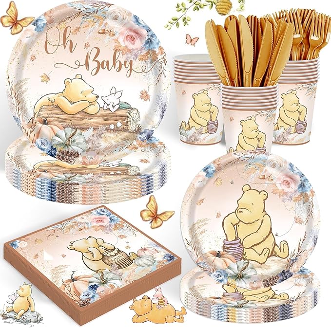 120PCS Fall Vintage Winnie Bear Party for Babyshower Supplies Classic Bohemia Bear Party Autumn Pumpkin Decorations Boho Neutral Winnie 1st Birthday Plates Napkin Cups Tableware Set for 20 Guests