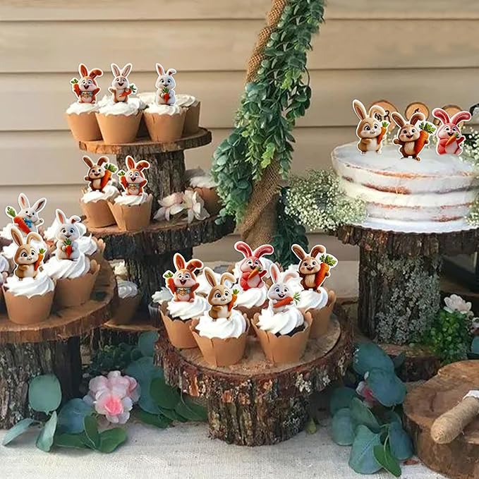 Ercadio 40 Pack Edible Easter Bunny Cupcake Toppers Rabbit Carrot Cupcake Drink Toppers for Easter Rabbit Theme Spring Birthday Baby Shower Party Decoration Supplies