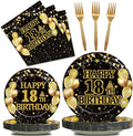 96Pcs 18th Birthday Party Tableware Set, Black Gold Time To Adult Birthday Party Decorations Supplies for Boys Girls Cheers to 18 Years Disposable Paper Plates Napkins Forks Favors, Serve 24